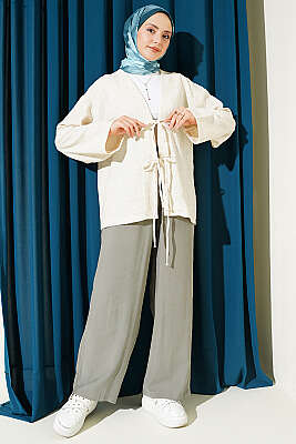 Önü Bağcıklı Detaylı Keten Kimono Bej - Dış Giyim&Mont