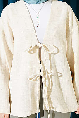 Önü Bağcıklı Detaylı Keten Kimono Bej - Dış Giyim&Mont