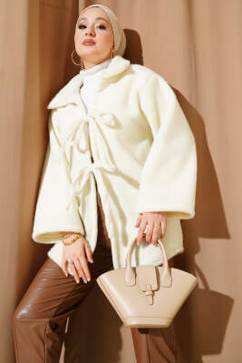 Önü Bağcıklı Keçe Ceket Ekru - FİXAY