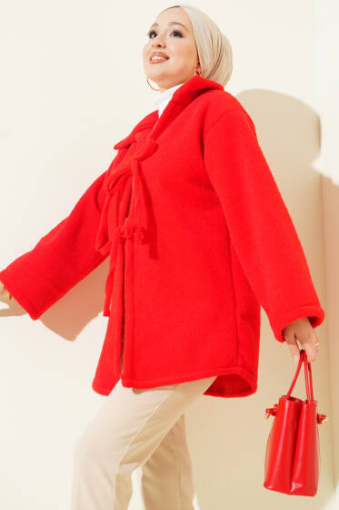 Önü Bağcıklı Keçe Ceket Kırmızı - Ceket