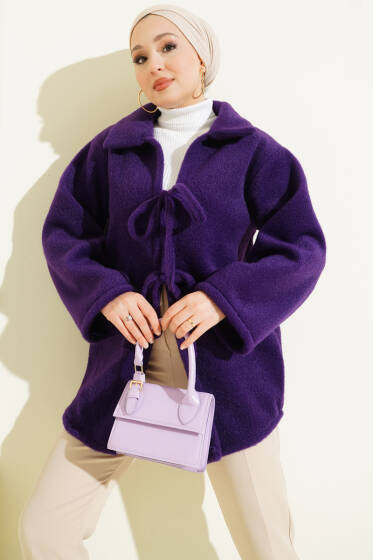 Önü Bağcıklı Keçe Ceket Mor - Ceket
