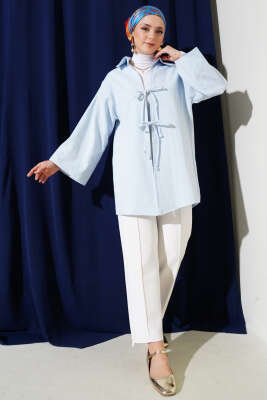 Önü Bağcıklı Keten Kimono Mavi - 300-500 TL Ürünler