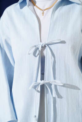 Önü Bağcıklı Keten Kimono Mavi - 300-500 TL Ürünler