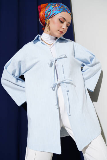 Önü Bağcıklı Keten Kimono Mavi - Dış Giyim&Mont