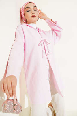 Önü Bağcıklı Keten Kimono Pembe 