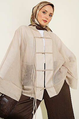 Önü Bağcıklı Oversize Tül Kimono Bej - WENNA DESIGN