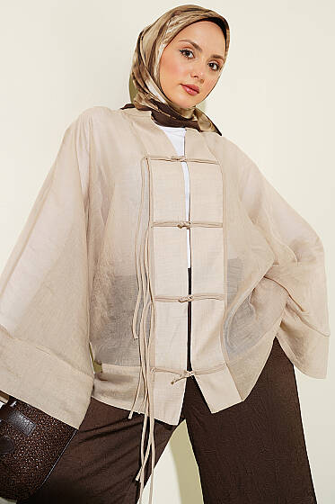 Önü Bağcıklı Oversize Tül Kimono Bej - Dış Giyim&Mont