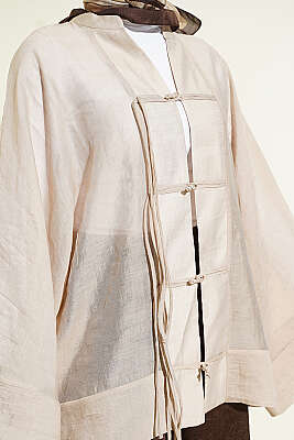Önü Bağcıklı Oversize Tül Kimono Bej - Dış Giyim&Mont