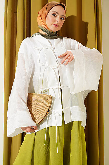 Önü Bağcıklı Oversize Tül Kimono Beyaz - Dış Giyim&Mont