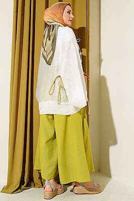 Önü Bağcıklı Oversize Tül Kimono Beyaz - Dış Giyim&Mont