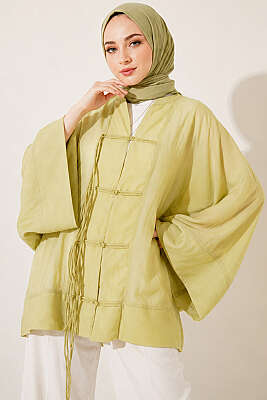 Önü Bağcıklı Oversize Tül Kimono Çağla Yeşili - WENNA DESIGN