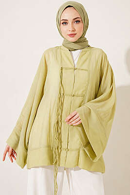 Önü Bağcıklı Oversize Tül Kimono Çağla Yeşili - Dış Giyim&Mont