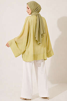 Önü Bağcıklı Oversize Tül Kimono Çağla Yeşili - Dış Giyim&Mont