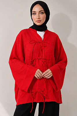 Önü Bağcıklı Oversize Tül Kimono Kırmızı - WENNA DESIGN