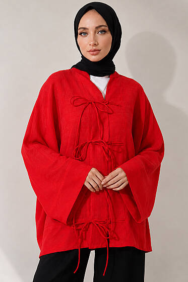 Önü Bağcıklı Oversize Tül Kimono Kırmızı - Dış Giyim&Mont
