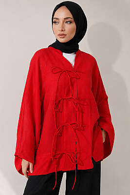 Önü Bağcıklı Oversize Tül Kimono Kırmızı - Dış Giyim&Mont
