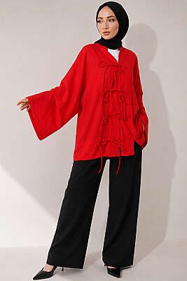 Önü Bağcıklı Oversize Tül Kimono Kırmızı - Dış Giyim&Mont