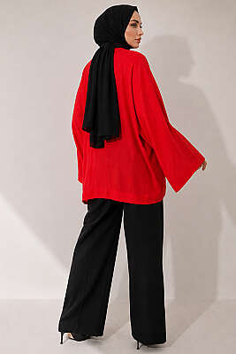 Önü Bağcıklı Oversize Tül Kimono Kırmızı - Dış Giyim&Mont
