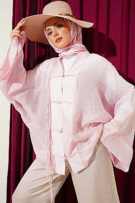 Önü Bağcıklı Oversize Tül Kimono Pembe - WENNA DESIGN