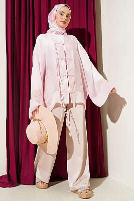 Önü Bağcıklı Oversize Tül Kimono Pembe - Dış Giyim&Mont