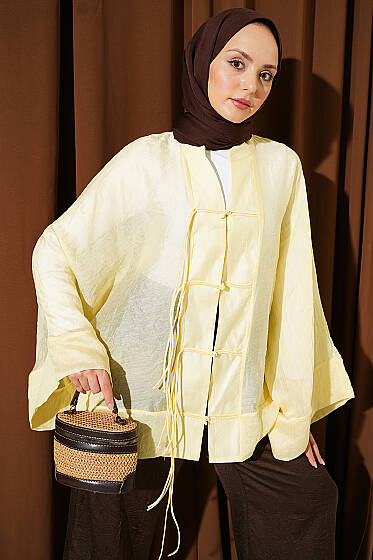 Önü Bağcıklı Oversize Tül Kimono Sarı - Dış Giyim&Mont