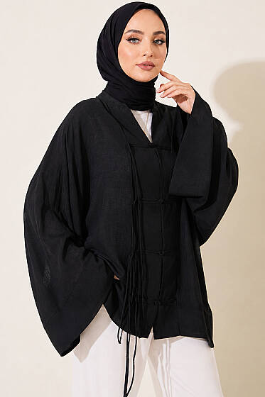 Önü Bağcıklı Oversize Tül Kimono Siyah - Dış Giyim&Mont