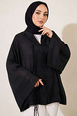 Önü Bağcıklı Oversize Tül Kimono Siyah - Dış Giyim&Mont