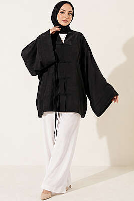 Önü Bağcıklı Oversize Tül Kimono Siyah - Dış Giyim&Mont