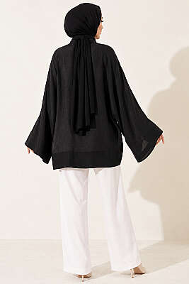Önü Bağcıklı Oversize Tül Kimono Siyah - Dış Giyim&Mont