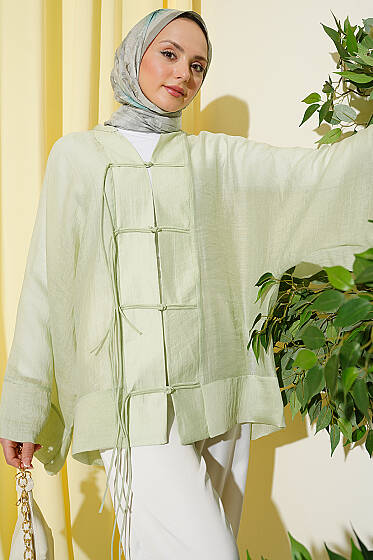 Önü Bağcıklı Oversize Tül Kimono Su Yeşili - Dış Giyim&Mont