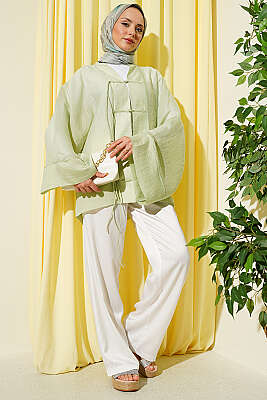 Önü Bağcıklı Oversize Tül Kimono Su Yeşili - Dış Giyim&Mont