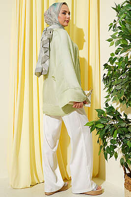 Önü Bağcıklı Oversize Tül Kimono Su Yeşili - Dış Giyim&Mont