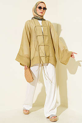 Önü Bağcıklı Oversize Tül Kimono Yağ Yeşili - Dış Giyim&Mont