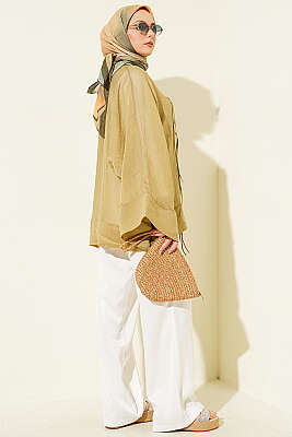Önü Bağcıklı Oversize Tül Kimono Yağ Yeşili - Dış Giyim&Mont