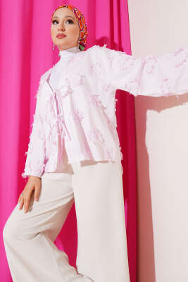 Önü Bağcıklı Püskül Detaylı Kimono Pembe 