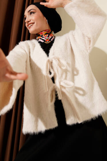 Önü Bağcıklı Sakallı Kısa Kimono Ekru - Dış Giyim&Mont