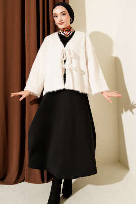 Önü Bağcıklı Sakallı Kısa Kimono Ekru - Dış Giyim&Mont