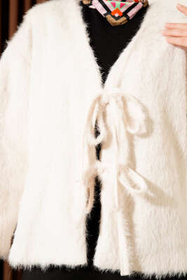 Önü Bağcıklı Sakallı Kısa Kimono Ekru - Dış Giyim&Mont