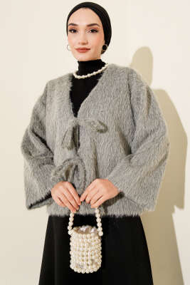 Önü Bağcıklı Sakallı Kısa Kimono Gri - DUFON