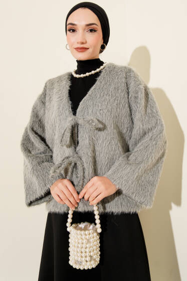 Önü Bağcıklı Sakallı Kısa Kimono Gri - Dış Giyim&Mont