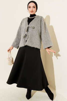 Önü Bağcıklı Sakallı Kısa Kimono Gri - Dış Giyim&Mont