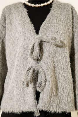 Önü Bağcıklı Sakallı Kısa Kimono Gri - Dış Giyim&Mont