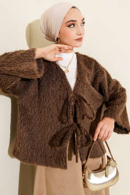 Önü Bağcıklı Sakallı Kısa Kimono Kahve - DUFON