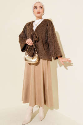 Önü Bağcıklı Sakallı Kısa Kimono Kahve - Dış Giyim&Mont