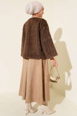 Önü Bağcıklı Sakallı Kısa Kimono Kahve - Dış Giyim&Mont