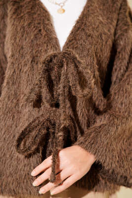 Önü Bağcıklı Sakallı Kısa Kimono Kahve - Dış Giyim&Mont