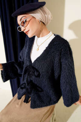 Önü Bağcıklı Sakallı Kısa Kimono Lacivert - DUFON