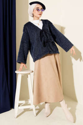 Önü Bağcıklı Sakallı Kısa Kimono Lacivert - Dış Giyim&Mont