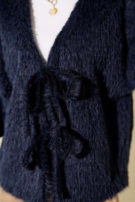 Önü Bağcıklı Sakallı Kısa Kimono Lacivert - Dış Giyim&Mont