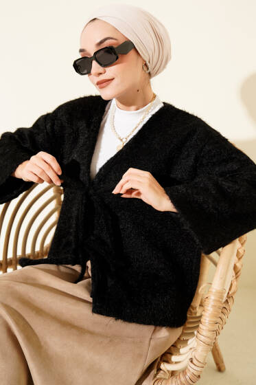 Önü Bağcıklı Sakallı Kısa Kimono Siyah - Dış Giyim&Mont